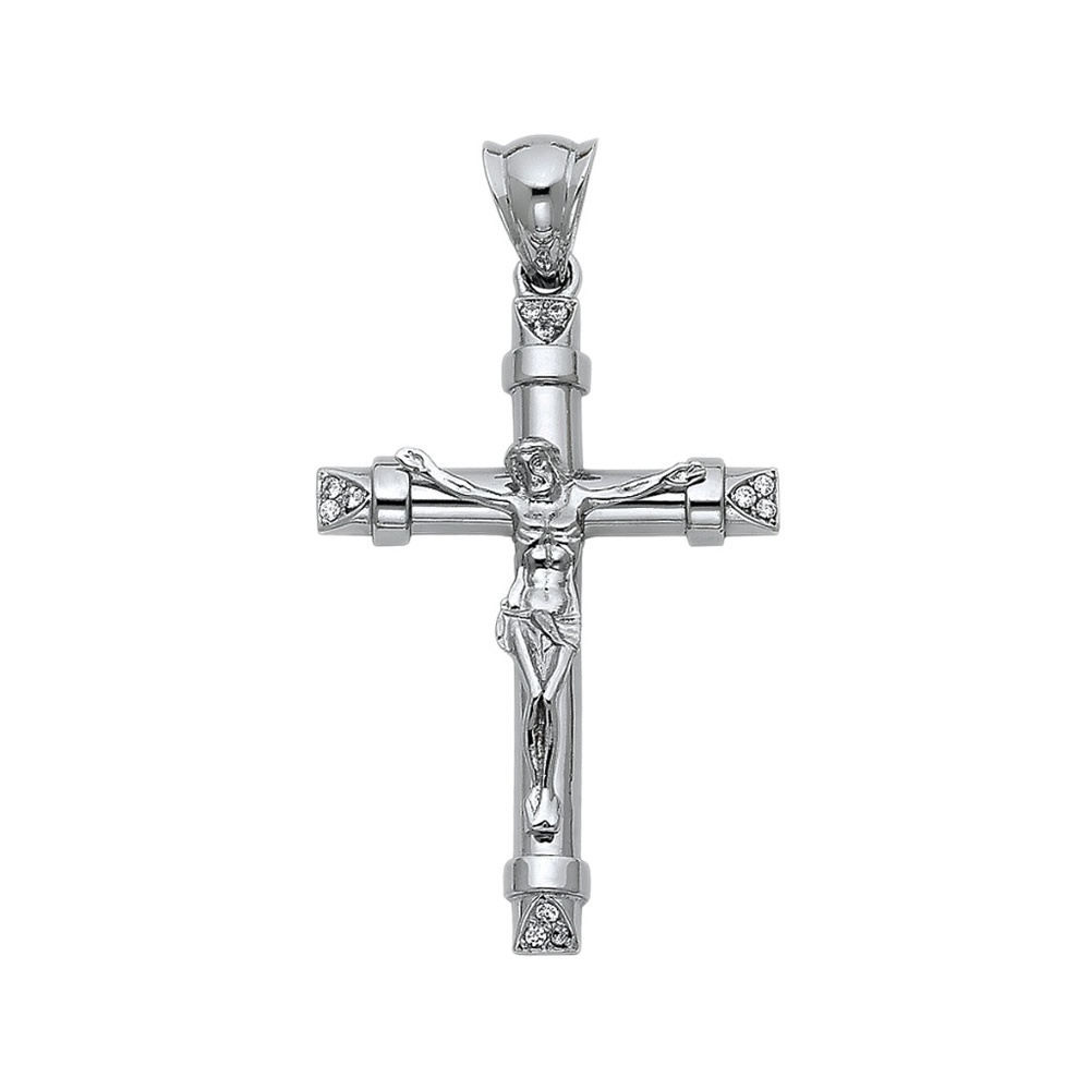 14K White CZ Religious Crucifix Pendant